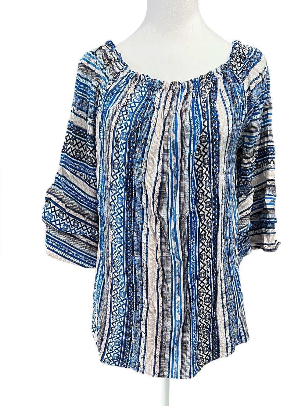 LASCANA Boho Peasant Blouse Blue Tribal Stripe Bell Sleeve Sz 10 On/Off Shoulder